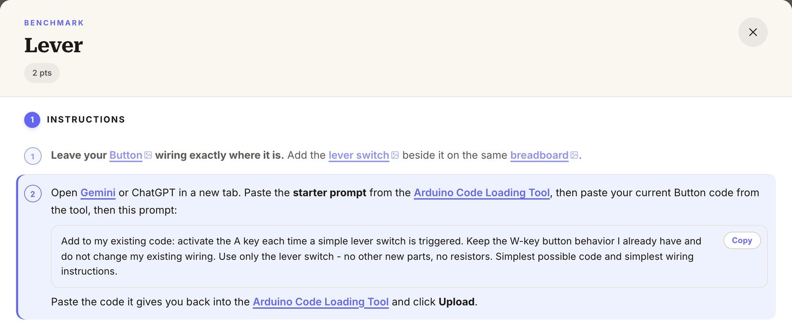 The Lever benchmark step with a copyable prompt asking the AI to add an A key on a lever switch without changing existing wiring