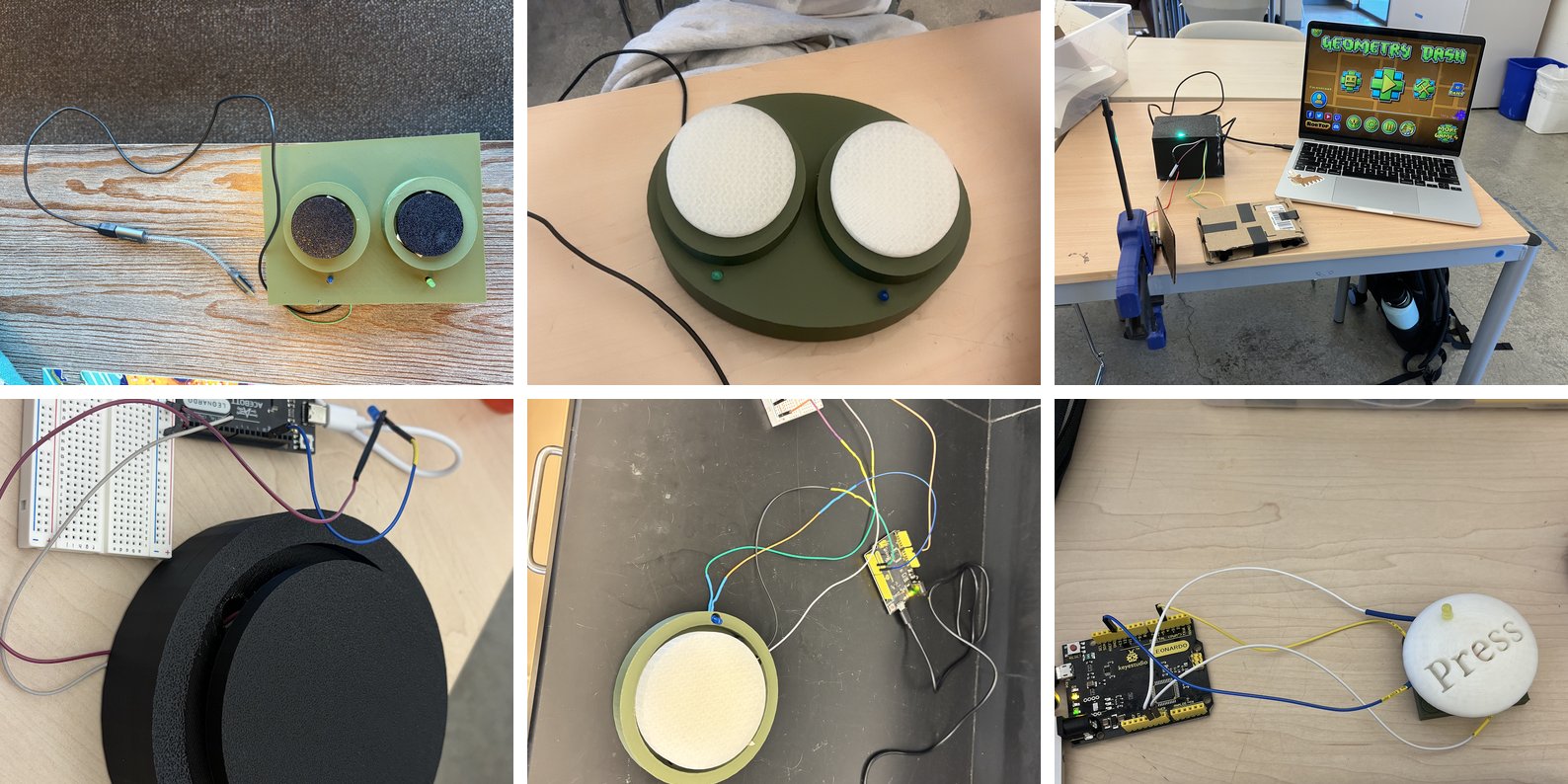 Six different student Project 1 products: a two-button board, a two-pad green base, a Geometry Dash setup, a large black dome switch, a padded round switch, and a white button engraved Press