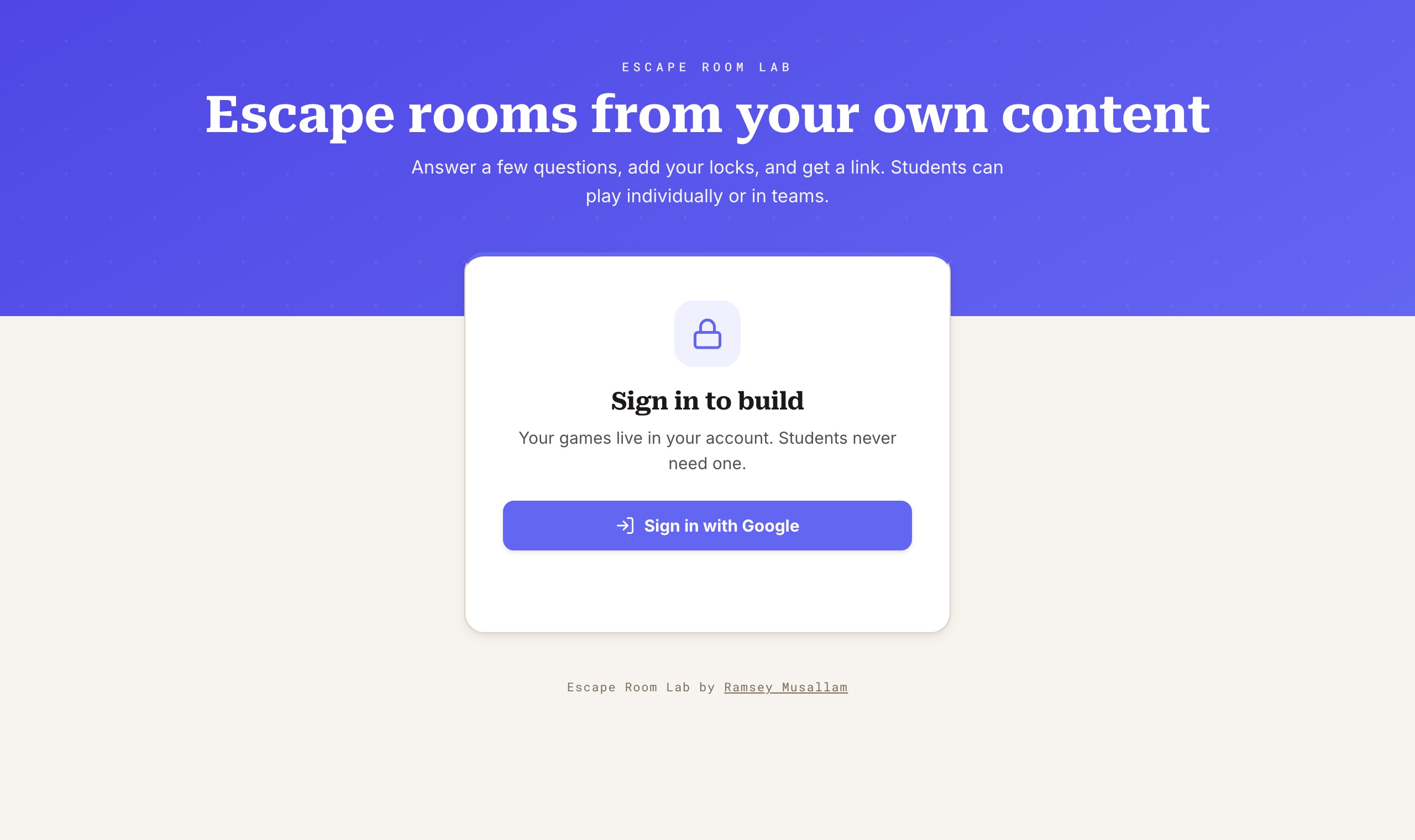 The Escape Room Lab landing page: Escape rooms from your own content