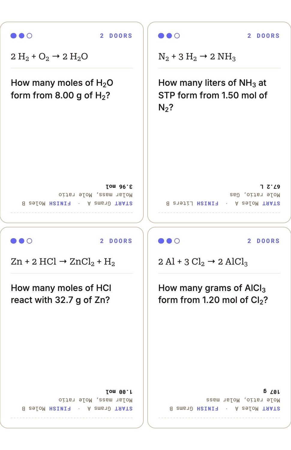 Four printable Problem cards, each showing a balanced equation, a question, and the number of doors